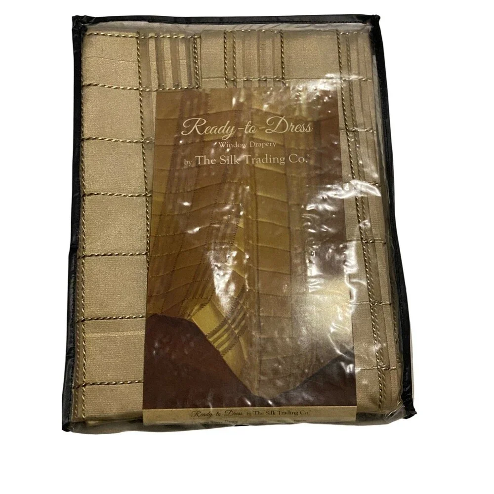 Set of 2 Gold/Cream 100% Sheer Silk Grid Window Curtain Panels 50” X 84” Drapery
